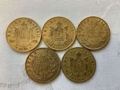 5 pièces 20 francs or, années 1855, 1859,...
