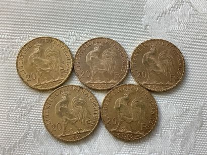 5 pièces 20 francs or, années 1901, 1905,...