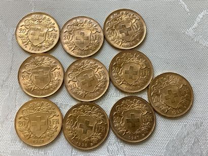10 pièces 20 francs or, années 1922, 1927,...
