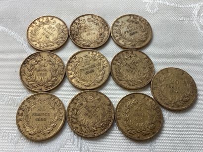 10 pièces 20 francs or, années 1852, 1854,...