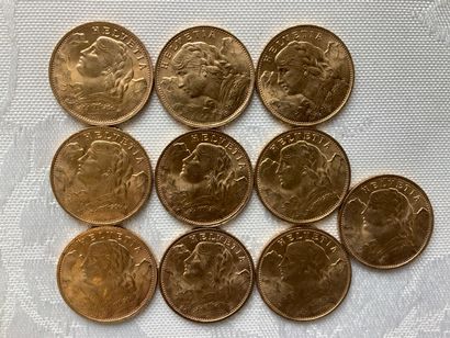 10 pièces de 20 francs or, années 1922, 1927,...