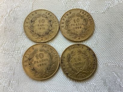Lot de 4 pièces 10 francs or : 1850, 1855,...