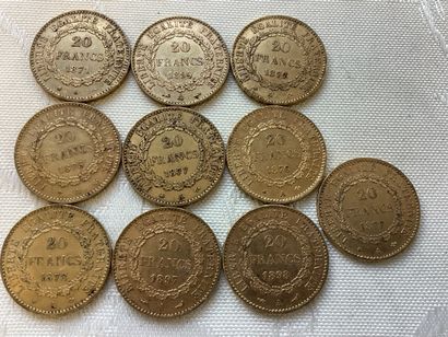 10 pièces de 20 francs or, années 1871, 1875,...