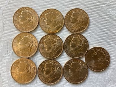 10 pièces 20 francs or, années 1915, 1935,...