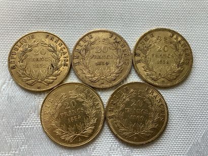 5 pièces 20 francs or, années 1852, 1854,...