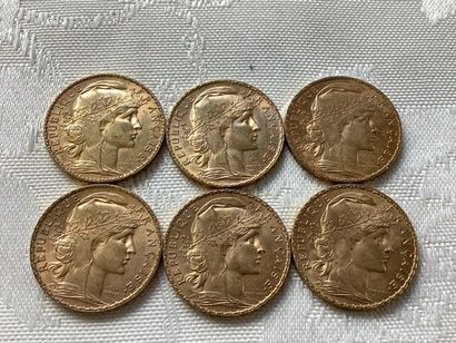 6 pièces de 20 francs or, années 1899, 1906,...