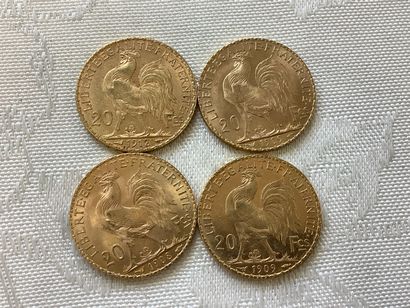 Lot de 4 pièces 20 francs or : 1908, 1909,...