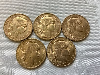 5 pièces 20 francs or, années 1906, 1908,...