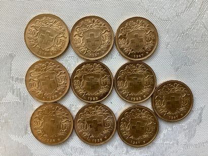 10 pièces 20 francs or, années 1913, 1935,...