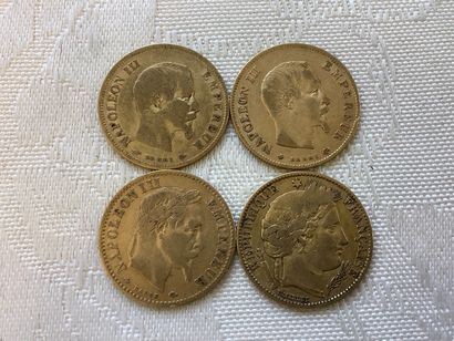Lot de 4 pièces 10 francs or : 1850, 1855,...