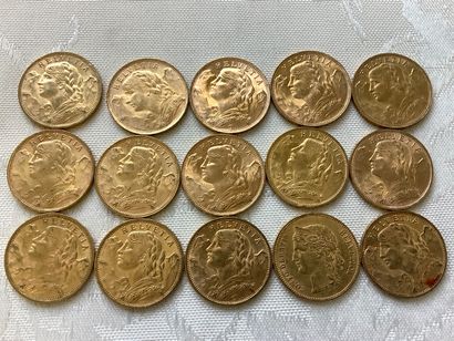 15 pièces de 20 francs or, années 1894, 1897,...
