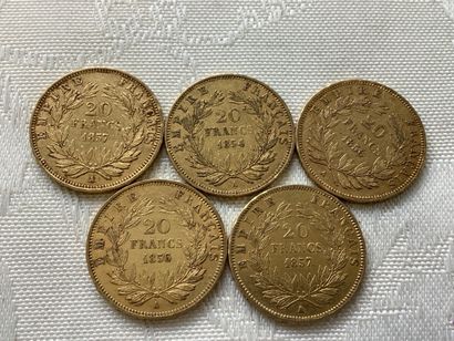 5 pièces 20 francs or, années 1854, 1856,...