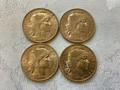 Lot de 4 pièces 20 francs or : 1908, 1909,...