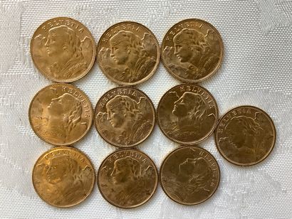 10 pièces 20 francs or, années:1922, 1935,...
