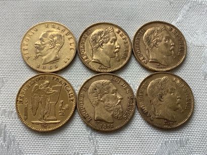 5 pièces 20 francs or et une pièce 20 lires...