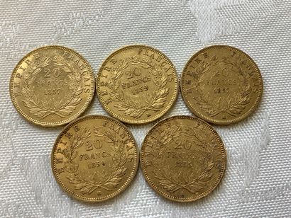 5 pièces 20 francs or, années 1855, 1857,...