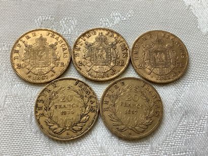 5 pièces de 20 francs or, années 1854, 1857,...