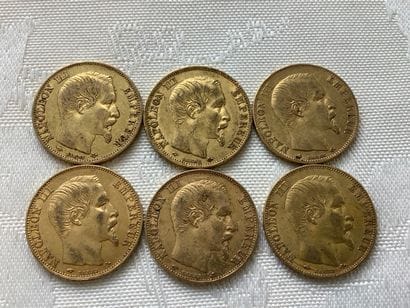 6 pièces de 20 francs or, années 1856, 1858,...