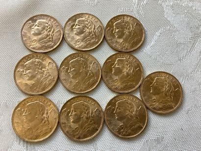 10 pièces 20 francs or, années 1922, 1935,...
