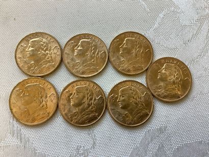 7 pièces de 20 francs or, années 1913, 1914,...