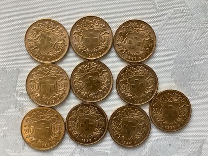 10 pièces 20 francs or : 1922, 1935, 194...