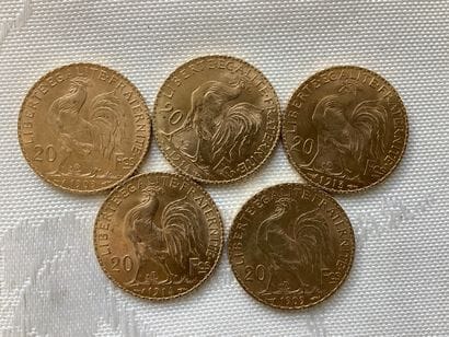 5 pièces 20 francs or, années 1909, 1913,...