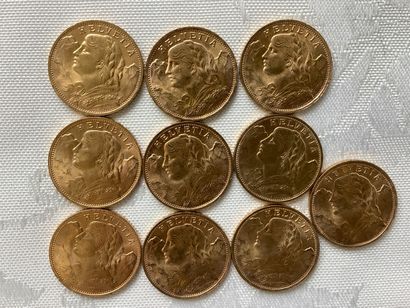 10 pièces de 20 francs or, années 1922, 1925,...