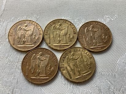 5 pièces 20 francs or, années 1875, 1886,...