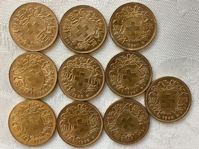 10 pièces 20 francs or, années:1922, 1935,...