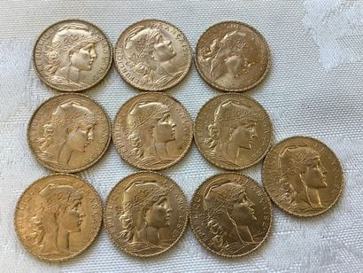 10 pièces de 20 francs or, années 1907, 1909,...