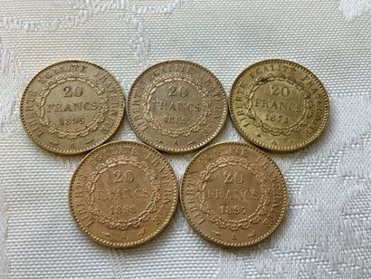 5 pièces 20 francs or, années 1875, 1889,...