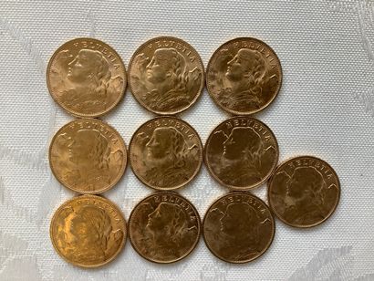 10 pièces 20 francs or : 1922, 1935, 194...