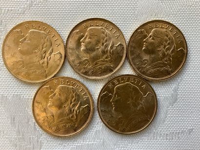 5 pièces de 20 francs or, années 1922, 1935,...