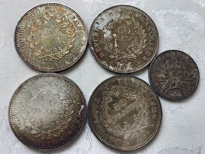 4 silver 50 Fr Hercules coins and 1 silver...