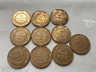 10 pièces de 20 francs or, années 1848, 1850,...