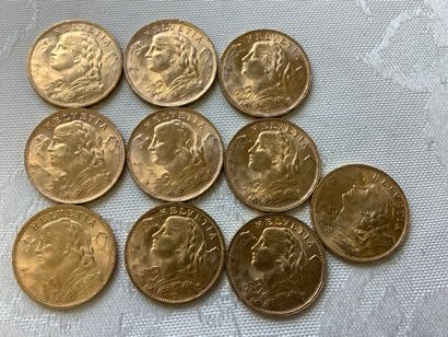 10 pièces 20 francs or, années 1922, 1927,...
