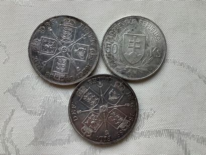 3 worn silver coins (2 English, 1 Slovak)...