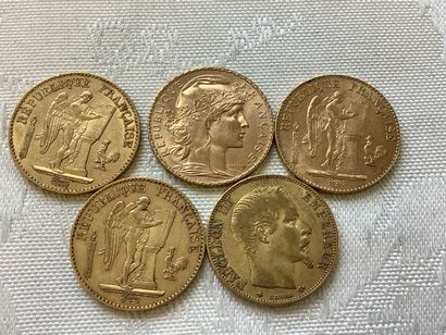 5 pièces 20 francs or, années 1860, 1876,...