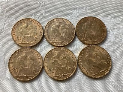 6 pièces de 20 francs or, années 1899, 1906,...