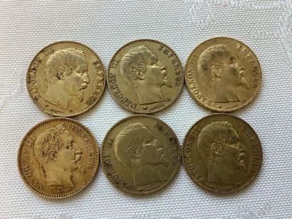 6 pièces de 20 francs or, années 1856, 1857,...