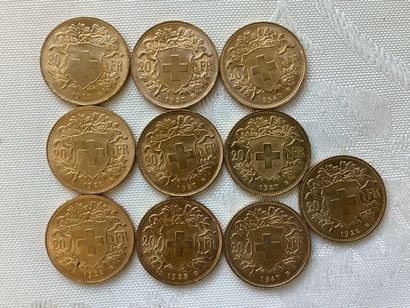 10 pièces 20 francs or, années 1922, 1927,...