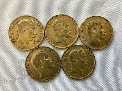 5 pièces 20 francs or, années 1855, 1859,...
