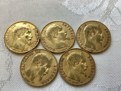5 pièces de 20 francs or ,années 1854, 1856,...