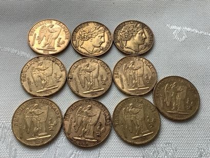 10 pièces de 20 francs or, années 1848, 1850,...
