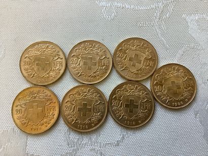 7 pièces de 20 francs or, années 1913, 1914,...