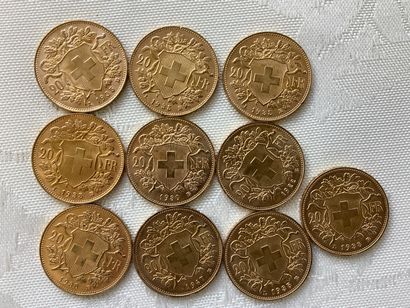 10 pièces 20 francs or, années 1922, 1930,...