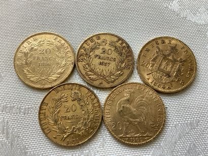 Lot de 5 pièces 20 francs or : 1851, 1856,...
