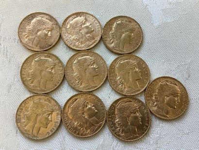 10 pièces de 20 francs or, années 1903, 1905,...