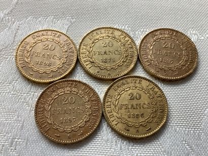 5 pièces 20 francs or, années 1875, 1886,...