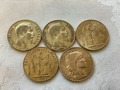 Lot de 5 pièces 20 francs or : 1853, 1857,...